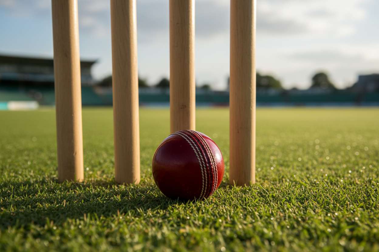 a cricket ball at the bottom of some cricket stumps